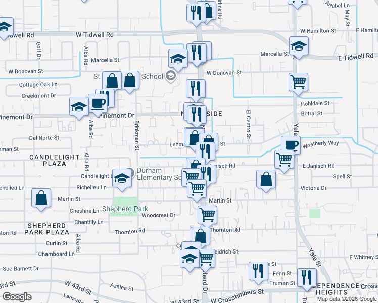 map of restaurants, bars, coffee shops, grocery stores, and more near 707 Lehman Street in Houston