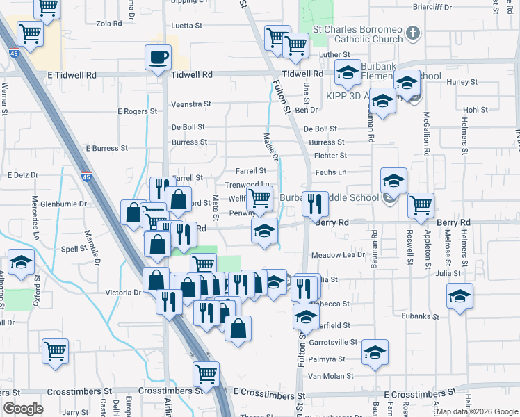 map of restaurants, bars, coffee shops, grocery stores, and more near 48 Penway Street in Houston