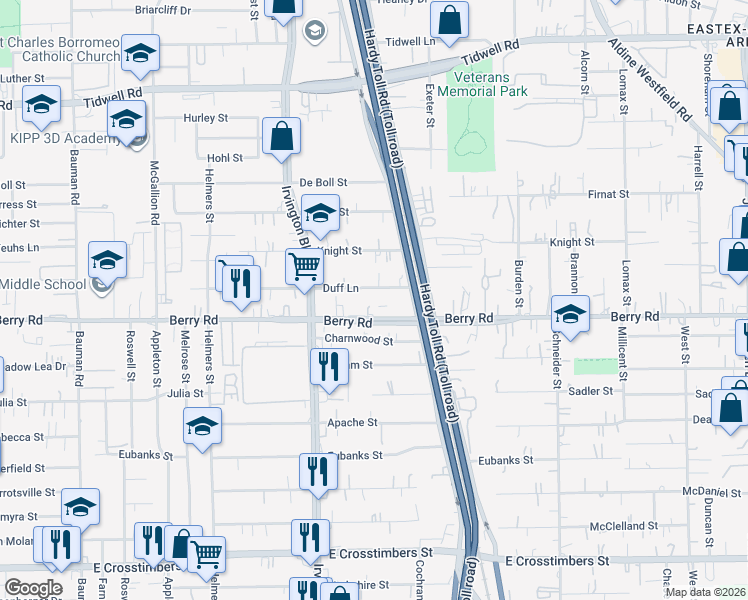 map of restaurants, bars, coffee shops, grocery stores, and more near 1305 Berry Road in Houston
