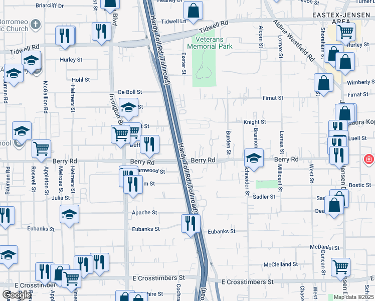 map of restaurants, bars, coffee shops, grocery stores, and more near 8602 East Hardy Road in Houston