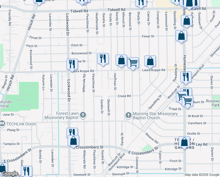 map of restaurants, bars, coffee shops, grocery stores, and more near 8608 Shotwell Street in Houston