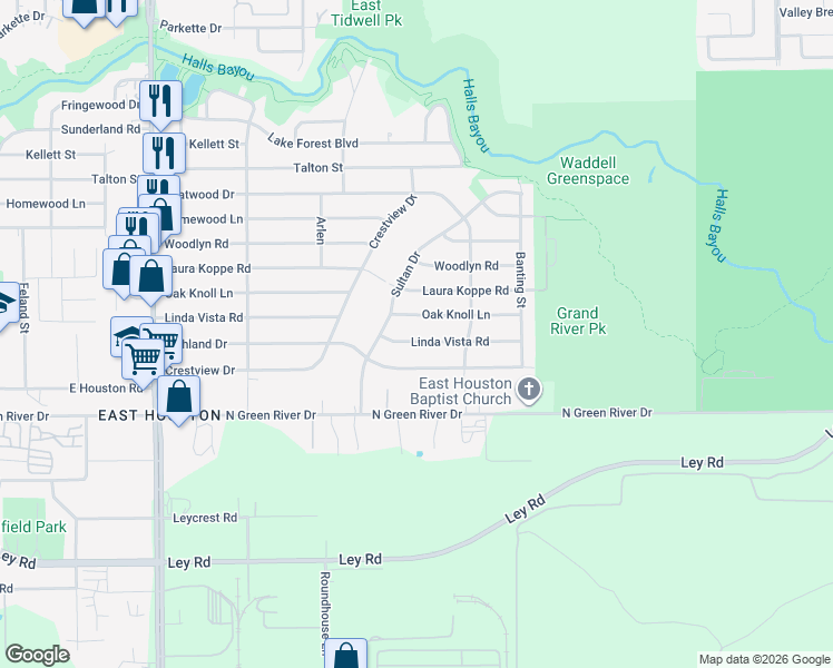 map of restaurants, bars, coffee shops, grocery stores, and more near 9238 Linda Vista Road in Houston