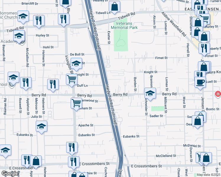 map of restaurants, bars, coffee shops, grocery stores, and more near 8602 East Hardy Road in Houston