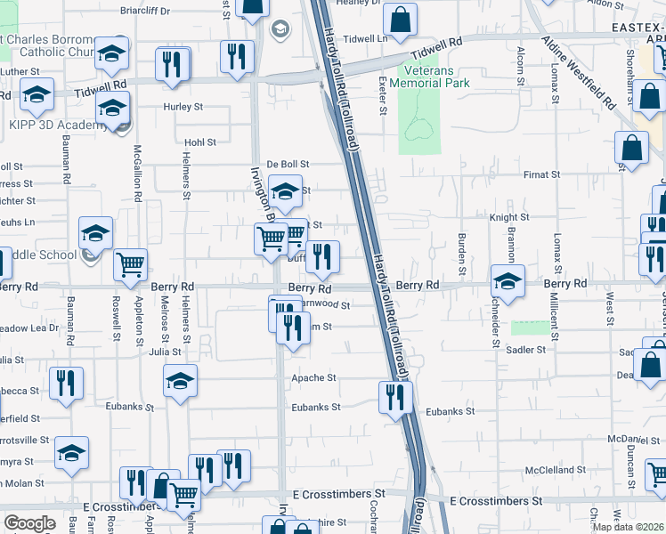 map of restaurants, bars, coffee shops, grocery stores, and more near 1305 Berry Road in Houston