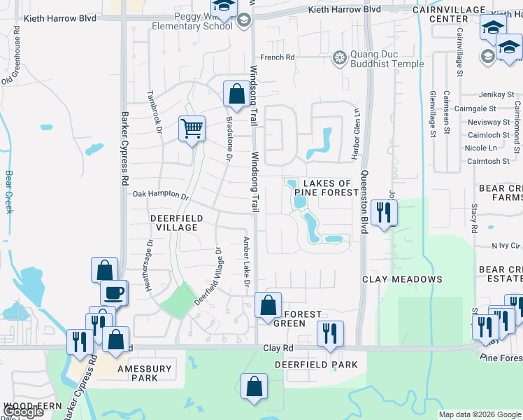 map of restaurants, bars, coffee shops, grocery stores, and more near 17927 Quiet Loch Lane in Houston