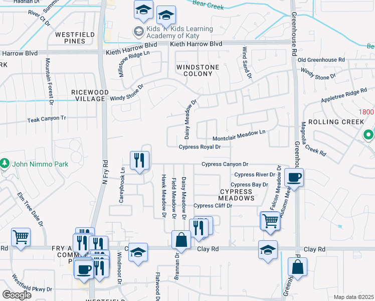 map of restaurants, bars, coffee shops, grocery stores, and more near 19518 Cypress Canyon Drive in Katy