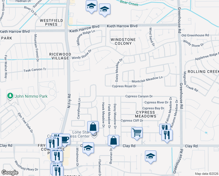 map of restaurants, bars, coffee shops, grocery stores, and more near 19614 Cypress Canyon Drive in Katy