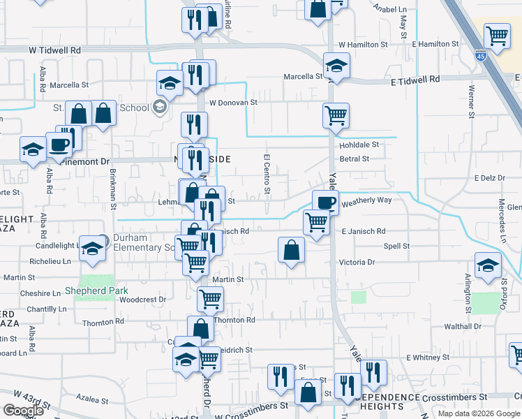 map of restaurants, bars, coffee shops, grocery stores, and more near 411 Delz Street in Houston