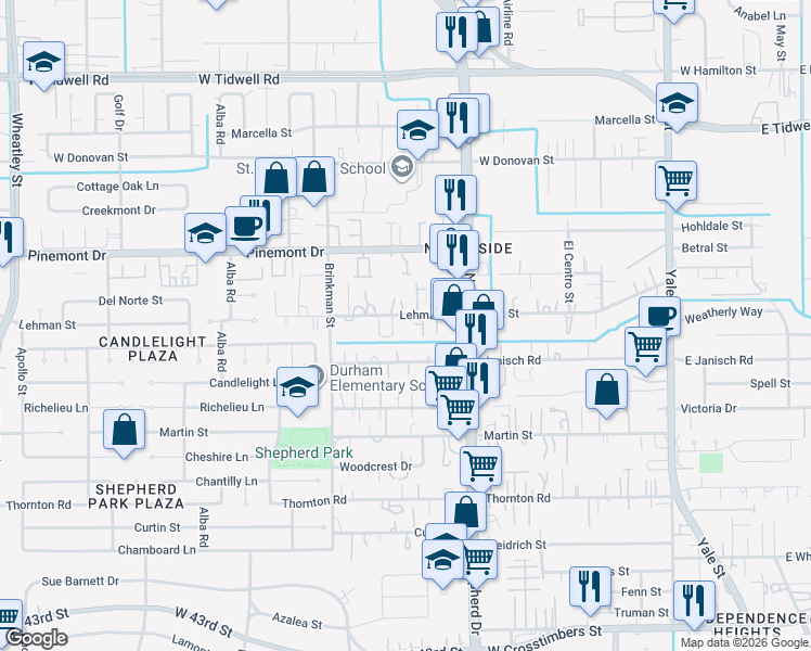 map of restaurants, bars, coffee shops, grocery stores, and more near 720 Janisch Road in Houston