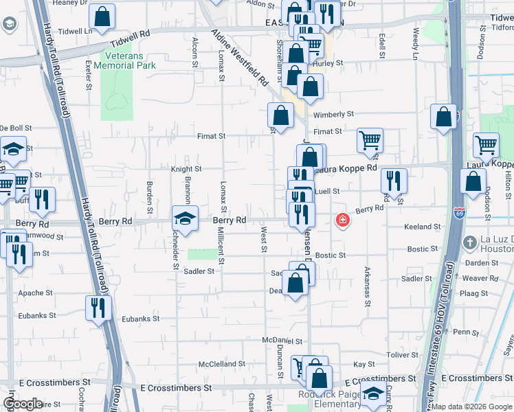 map of restaurants, bars, coffee shops, grocery stores, and more near 2519 Berry Rd in Houston