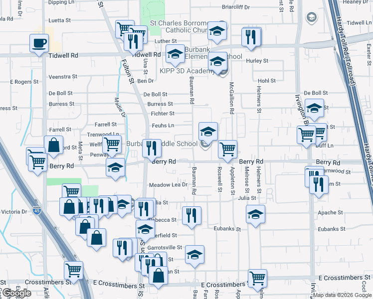 map of restaurants, bars, coffee shops, grocery stores, and more near 301 Berry Road in Houston