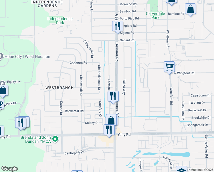 map of restaurants, bars, coffee shops, grocery stores, and more near 4714 Old Brickhouse Drive in Houston