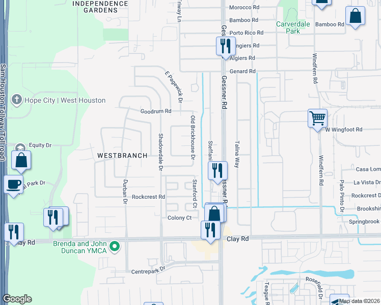 map of restaurants, bars, coffee shops, grocery stores, and more near 10315 Lybert Road in Houston