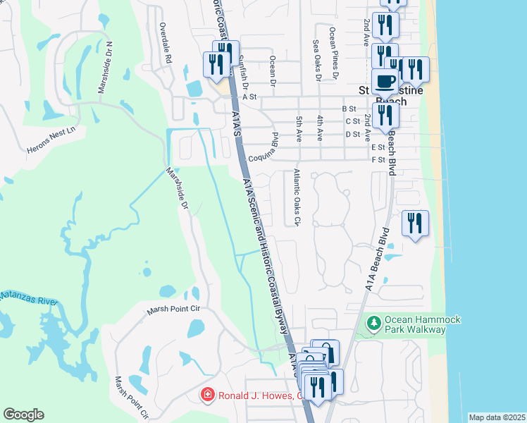 map of restaurants, bars, coffee shops, grocery stores, and more near 104 Serenity Bay Boulevard in St. Augustine