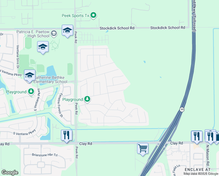 map of restaurants, bars, coffee shops, grocery stores, and more near 4411 Verona Hills Lane in Katy