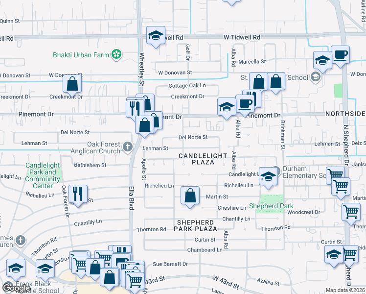 map of restaurants, bars, coffee shops, grocery stores, and more near 5021 Golf Drive in Houston
