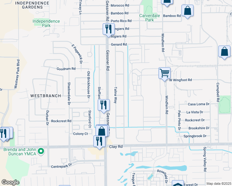 map of restaurants, bars, coffee shops, grocery stores, and more near 4619 Talina Way in Houston