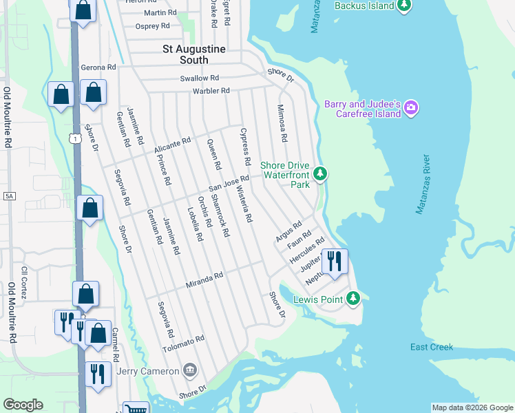 map of restaurants, bars, coffee shops, grocery stores, and more near 344 Cypress Road in St. Augustine