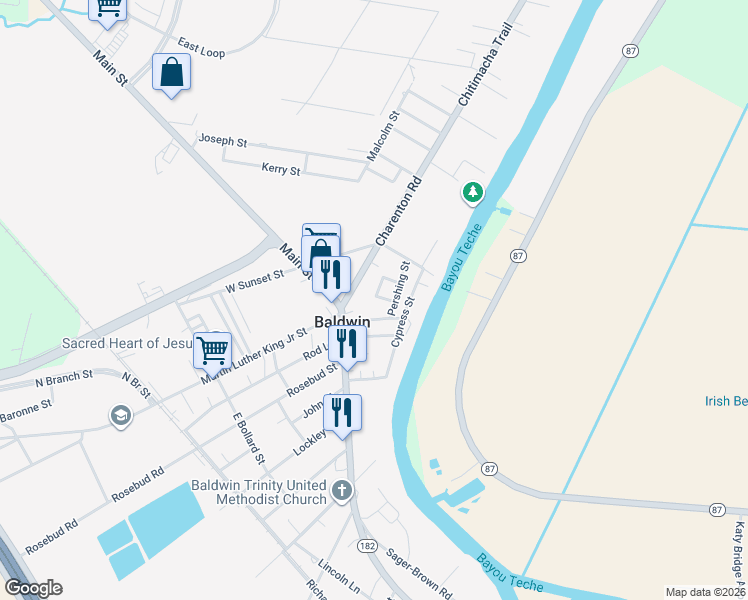 map of restaurants, bars, coffee shops, grocery stores, and more near 107 Live Oak Street in Baldwin