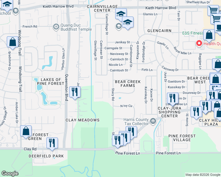 map of restaurants, bars, coffee shops, grocery stores, and more near 4423 Pine Hollow Trace in Houston