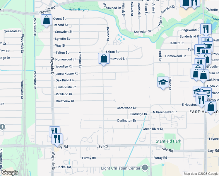 map of restaurants, bars, coffee shops, grocery stores, and more near 8218 Linda Vista Road in Houston