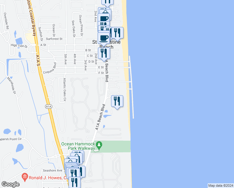 map of restaurants, bars, coffee shops, grocery stores, and more near 16 Bluefish Lane in Saint Augustine