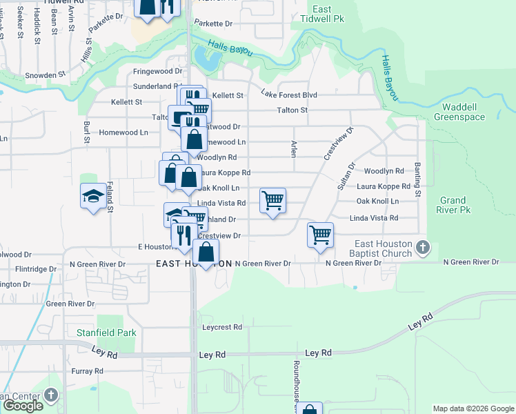 map of restaurants, bars, coffee shops, grocery stores, and more near 9022 Richland Drive in Houston