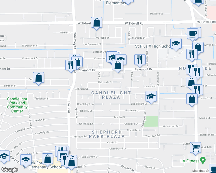 map of restaurants, bars, coffee shops, grocery stores, and more near 1058 Del Norte Street in Houston
