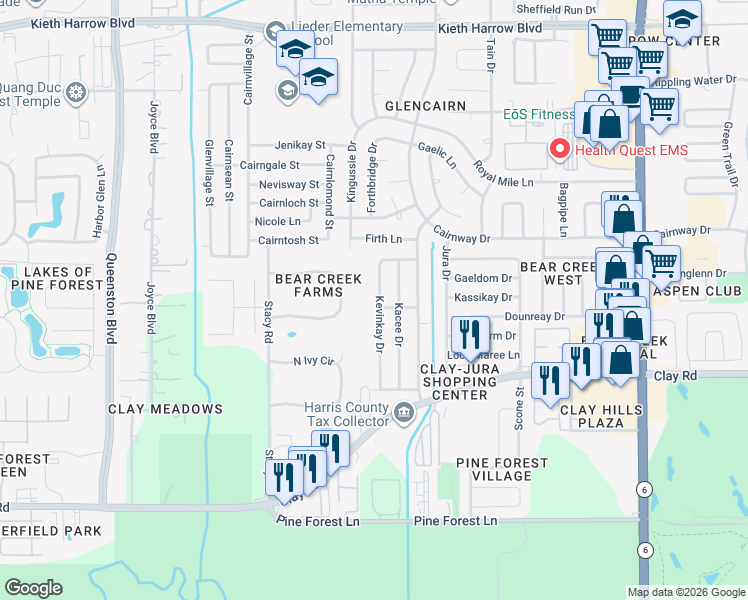 map of restaurants, bars, coffee shops, grocery stores, and more near 4423 Kacee Drive in Houston