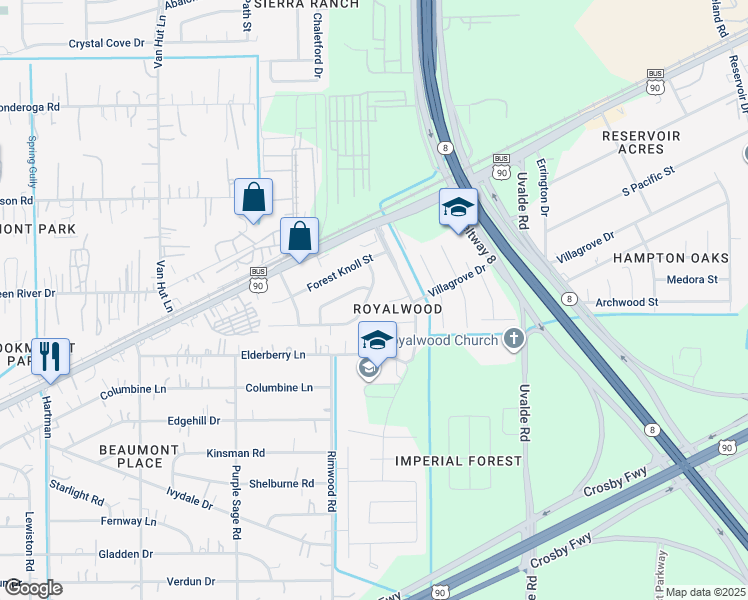 map of restaurants, bars, coffee shops, grocery stores, and more near 8006 Parkglen Drive in Houston
