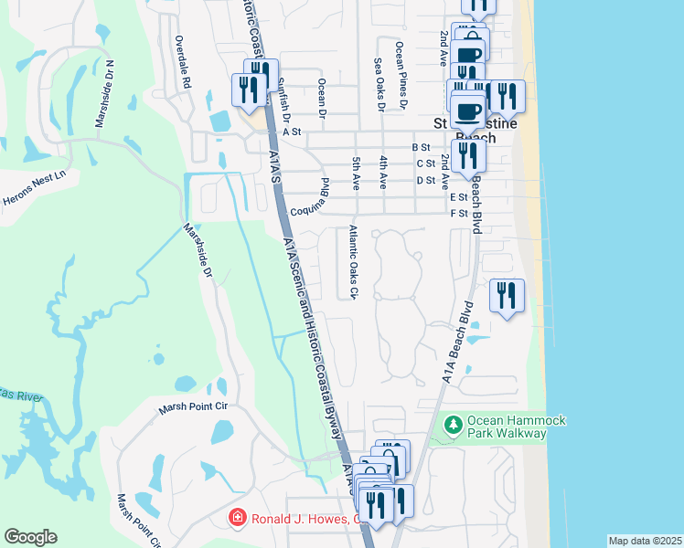 map of restaurants, bars, coffee shops, grocery stores, and more near 13 Atlantic Oaks Circle in St. Augustine