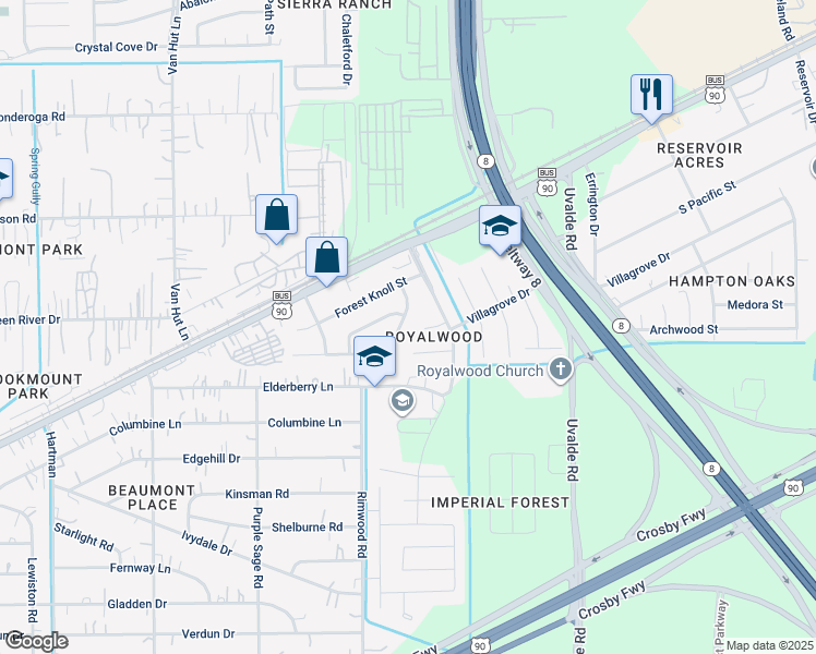 map of restaurants, bars, coffee shops, grocery stores, and more near 8006 Parkglen Drive in Houston
