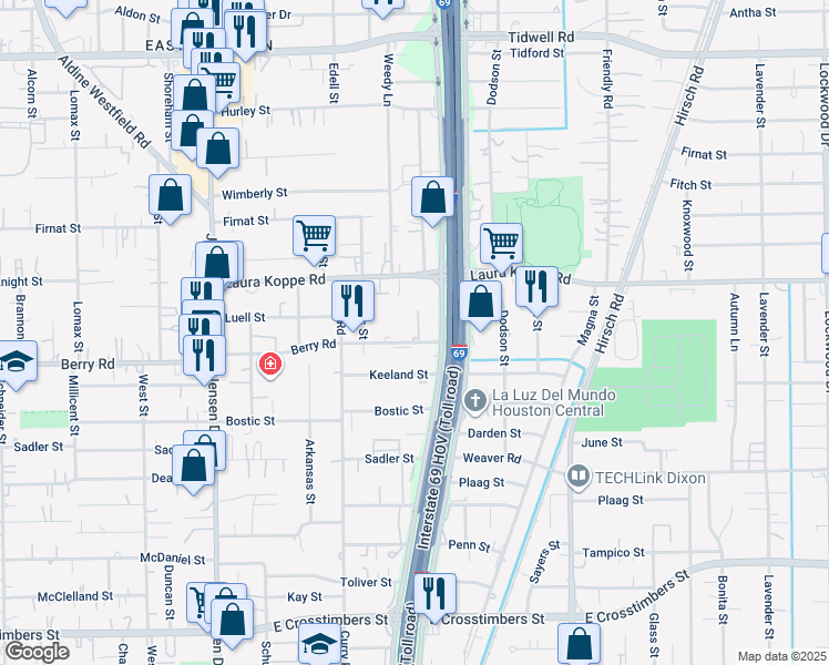 map of restaurants, bars, coffee shops, grocery stores, and more near 3405 Berry Road in Houston