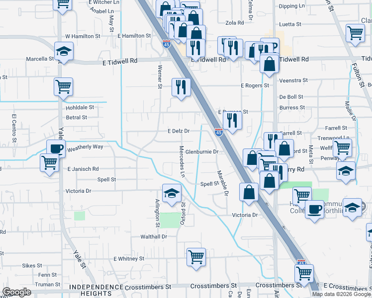 map of restaurants, bars, coffee shops, grocery stores, and more near 447 Gammon Drive in Houston