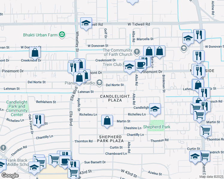 map of restaurants, bars, coffee shops, grocery stores, and more near 1058 Del Norte Street in Houston