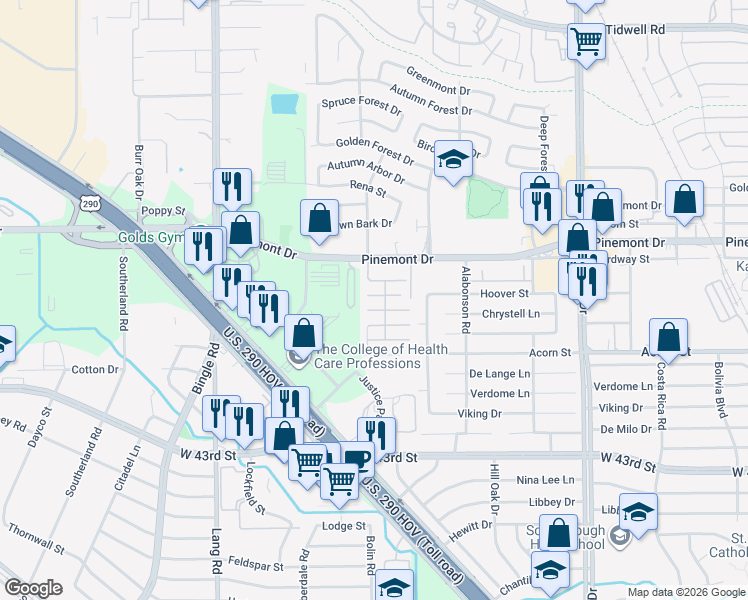 map of restaurants, bars, coffee shops, grocery stores, and more near 5111 Carson Hill Lane in Houston