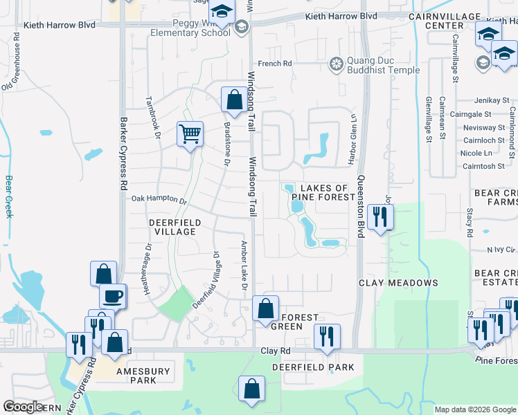 map of restaurants, bars, coffee shops, grocery stores, and more near 4739 Autumn Pine Lane in Houston