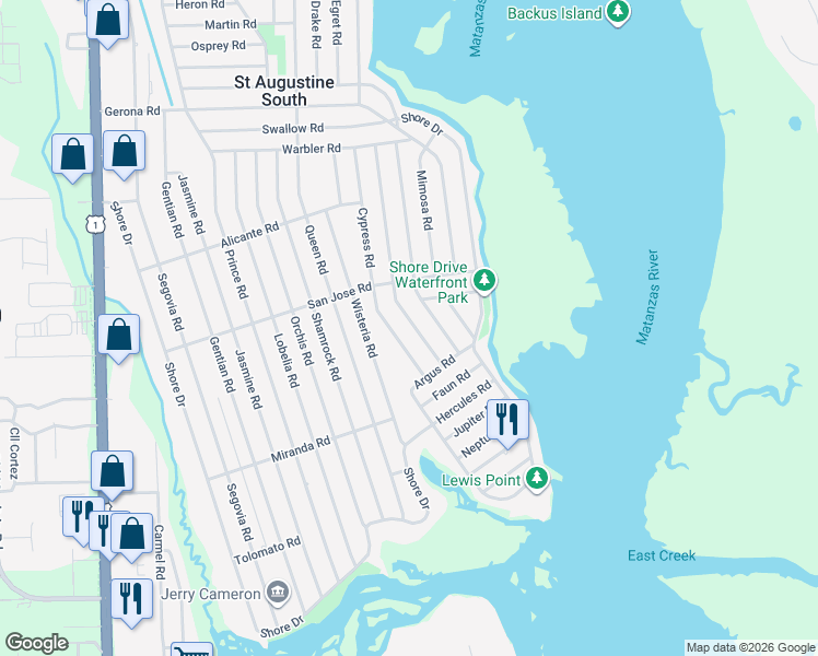 map of restaurants, bars, coffee shops, grocery stores, and more near 219 Hawthorne Road in St. Augustine