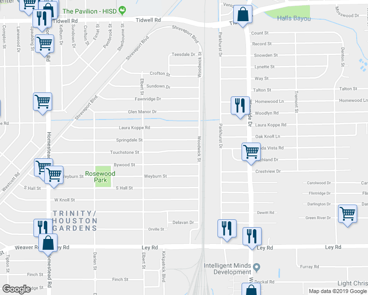 map of restaurants, bars, coffee shops, grocery stores, and more near 7621 Touchstone Street in Houston