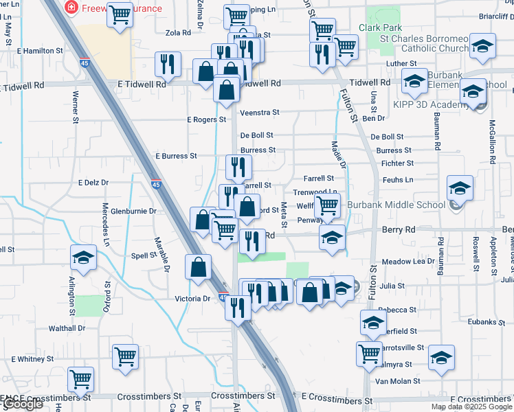 map of restaurants, bars, coffee shops, grocery stores, and more near 8 Farrell Street in Houston