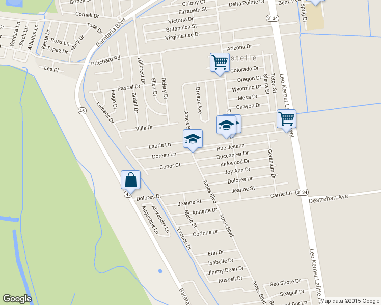 map of restaurants, bars, coffee shops, grocery stores, and more near 2701 Doreen Lane in Marrero