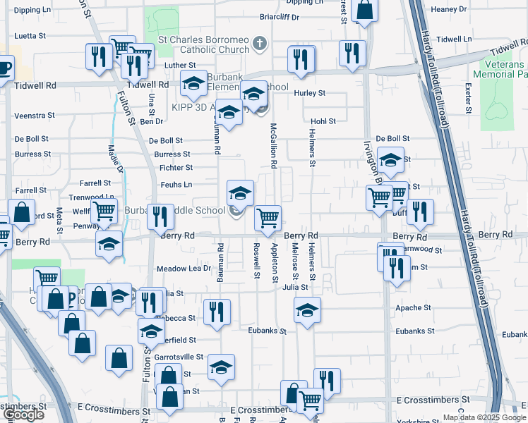 map of restaurants, bars, coffee shops, grocery stores, and more near 8623 McGallion Road in Houston