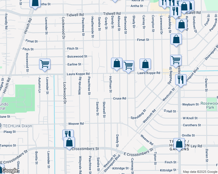map of restaurants, bars, coffee shops, grocery stores, and more near 8630 Shotwell Street in Houston