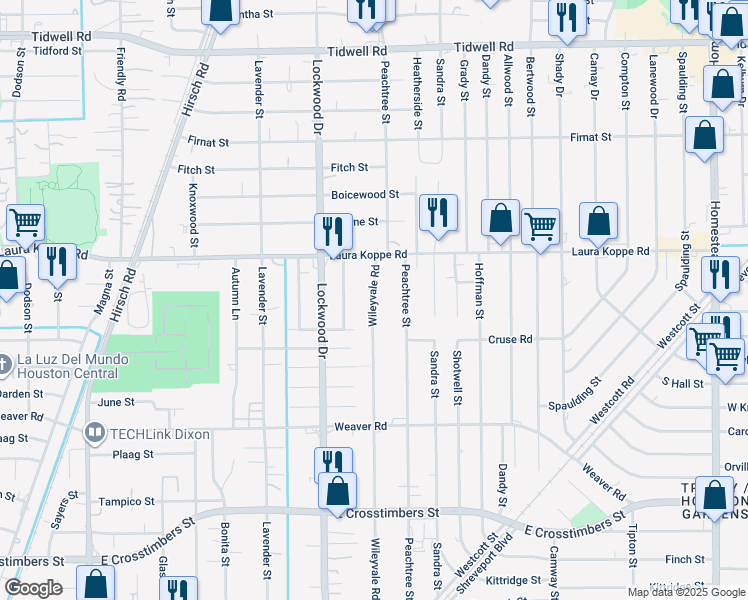 map of restaurants, bars, coffee shops, grocery stores, and more near 8705 Peachtree Street in Houston