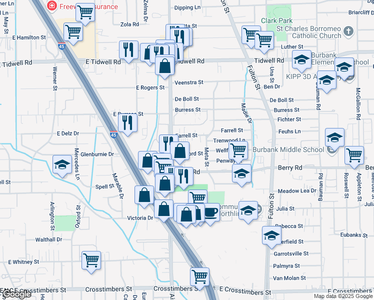 map of restaurants, bars, coffee shops, grocery stores, and more near 8 Farrell Street in Houston