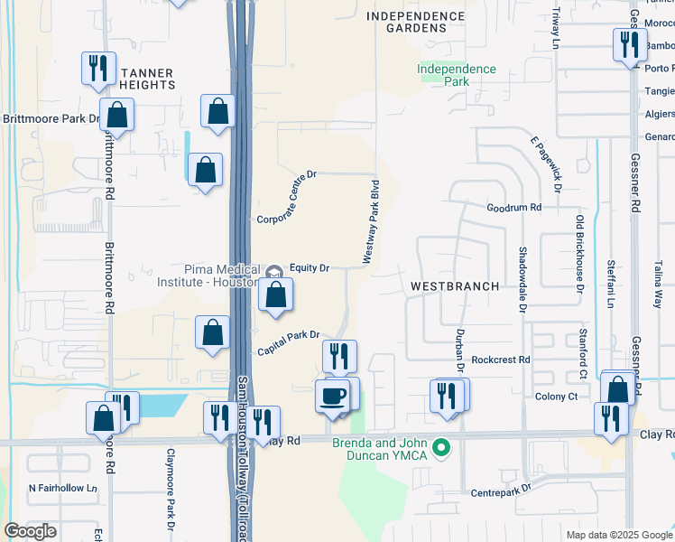 map of restaurants, bars, coffee shops, grocery stores, and more near 10900 Equity Drive in Houston