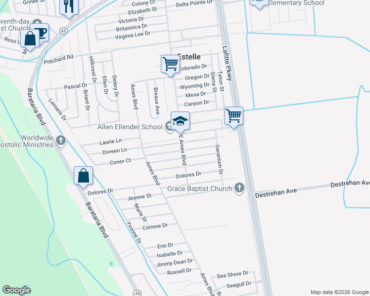 map of restaurants, bars, coffee shops, grocery stores, and more near 2540 Rue Jesann in Marrero
