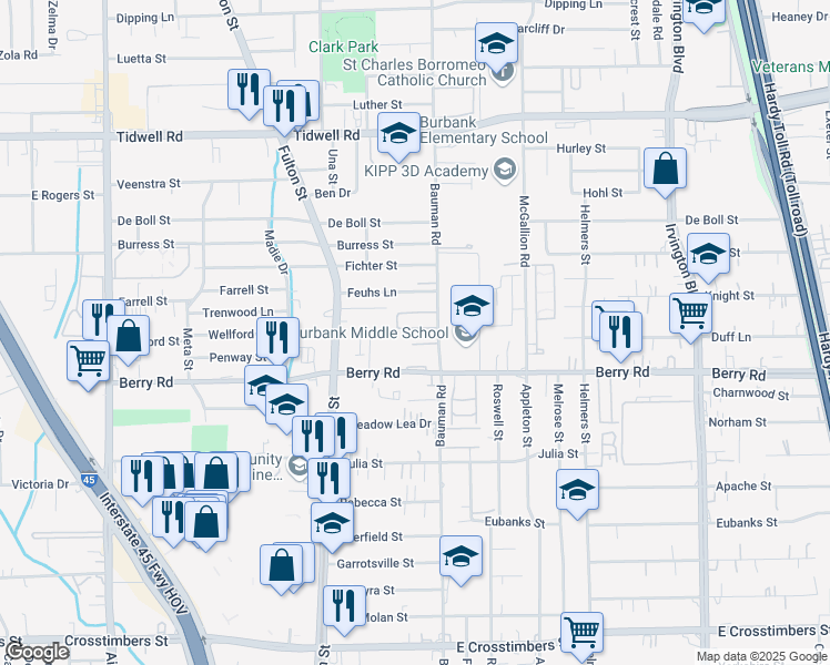 map of restaurants, bars, coffee shops, grocery stores, and more near 222 South Native Lane in Houston