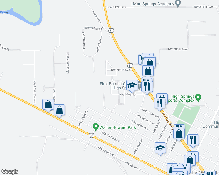 map of restaurants, bars, coffee shops, grocery stores, and more near 20102 Northwest 249th Street in High Springs