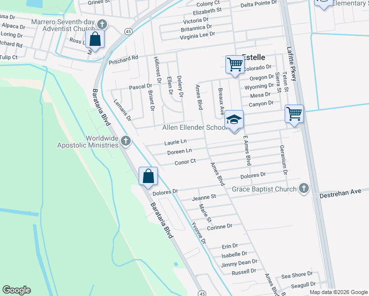 map of restaurants, bars, coffee shops, grocery stores, and more near 2809 Laurie Lane in Marrero
